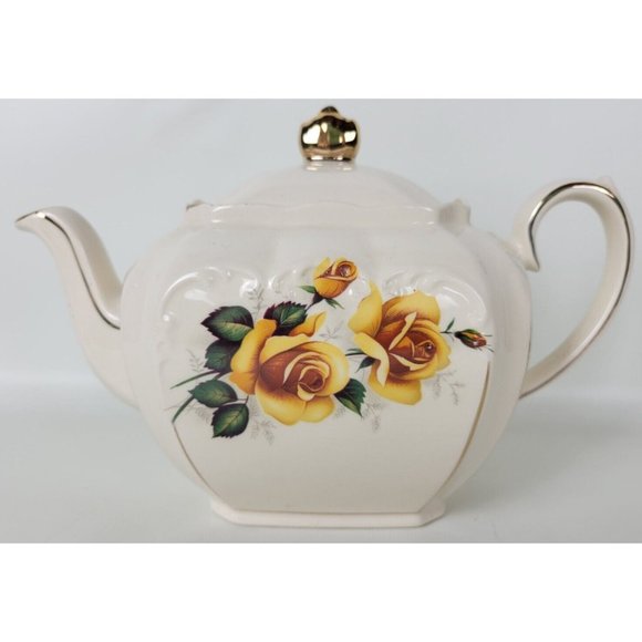 Vintage‎ Sadler England Cube Teapot Yellow Roses w. Gold Trim - Picture 2 of 15